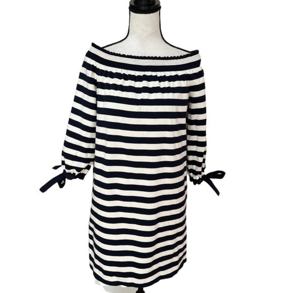 J. Crew Navy and White Striped Off-Shoulder Dress